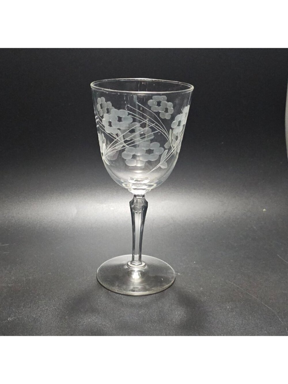 Vintage Etched Glass Wine Goblet 7" Floral Design Elegant Tableware glassware